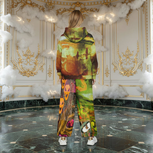 A person stands with their back to the camera in an ornate, classical room with gold-trimmed walls and white clouds floating around them, wearing a matching two-piece hoodie and wide-leg pants set with a vibrant, multicolored abstract print featuring green, orange, yellow, and purple.