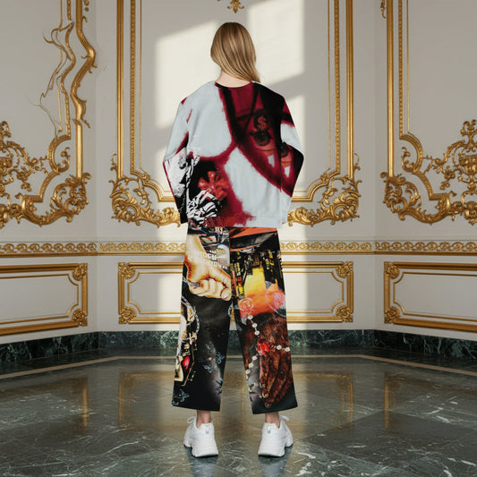 A model stands with their back to the camera in an ornate room with gold baroque wall paneling and a polished marble floor, wearing a white sweatshirt and matching wide-leg pants featuring a complex, colorful graphic print.