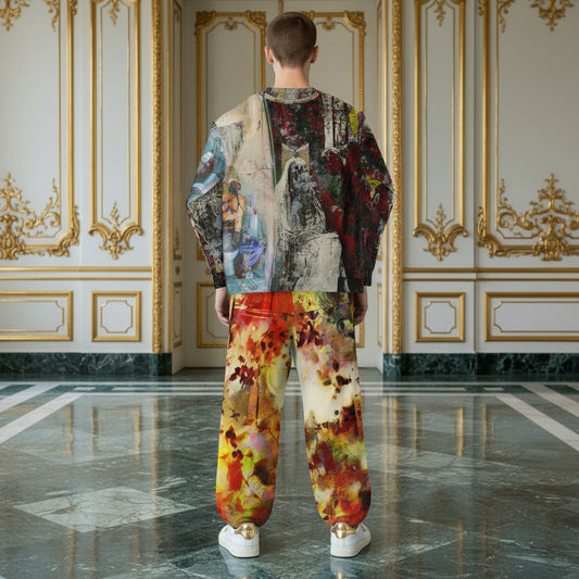 A model viewed from behind wearing a matching two-piece outfit with an abstract multicolor print, standing in a grand, ornate interior hall with gold-trimmed walls and a polished marble floor.