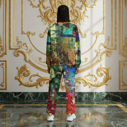A model viewed from behind wearing a matching two-piece tracksuit with a vibrant, multicolored abstract paint-splatter pattern, standing in a luxurious room with gold ornate wall paneling and a marble floor.