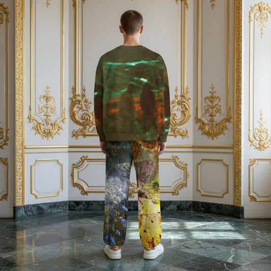 A man stands with his back to the camera in an ornate room with gold-trimmed cream walls and a polished marble floor, wearing a crewneck sweatshirt and matching printed pants with a multicolor landscape design.