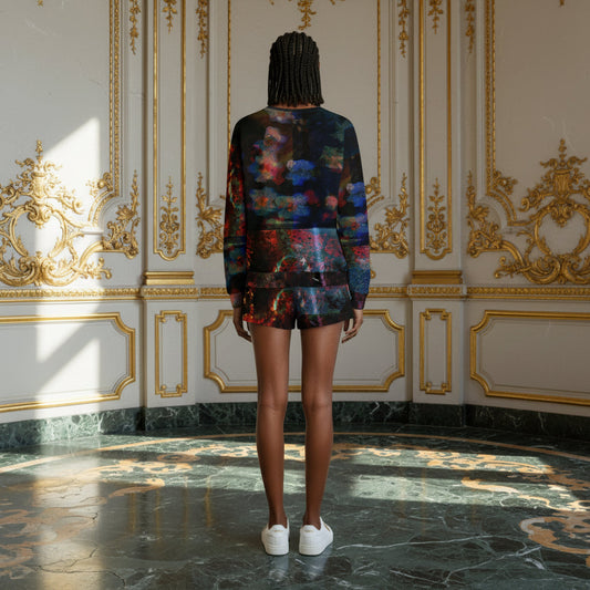 A model viewed from behind wearing a matching long-sleeve crop top and shorts set in a dark, colorful galaxy print, standing on a polished marble floor against an ornate gold-trimmed cream wall.