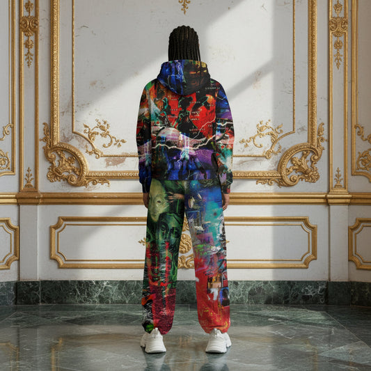 A person stands with their back to the camera in an ornate, gold-accented room, wearing a matching hooded sweatshirt and jogger pants set covered in a vibrant, multicolored abstract graffiti print. The outfit features a mix of red, blue, green, yellow, and purple colors.
