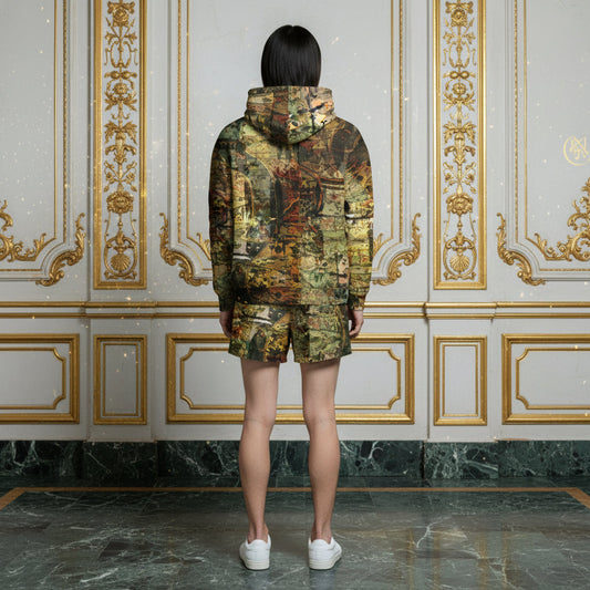 A person viewed from behind wearing a matching hooded sweatshirt and shorts set in an ornate gold-trimmed interior with marble flooring.