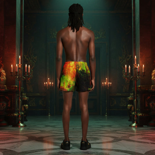 A shirtless man stands with his back to the camera in an ornate dimly lit hall with candles, wearing colorful patterned swim trunks with a bright green, yellow, orange, and black design.
