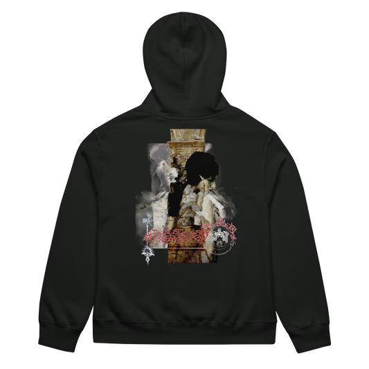 A black pullover hoodie shown from the back, featuring a large, detailed graphic print on the back. The graphic depicts a gothic scene with a woman in a white dress, a dark-haired figure, and a brick wall, accented with red gothic-style text and a circular emblem.