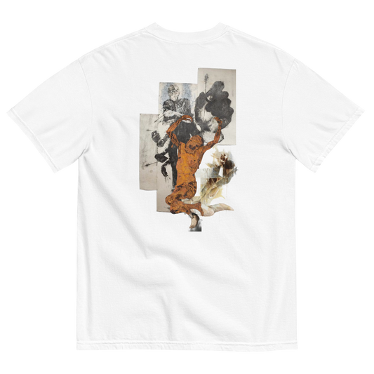 A white short-sleeve t-shirt shown from the back, featuring a large, multi-panel abstract graphic print in orange, black, and gray tones on the center back.