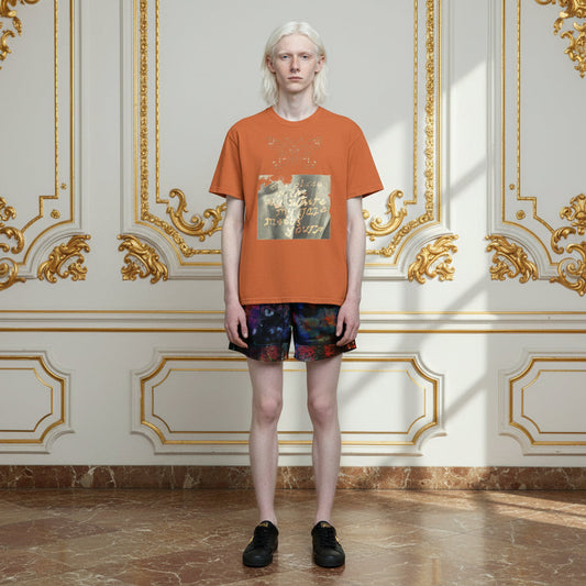 A model stands in a grand, ornate room with gold-trimmed cream walls and a marble floor, wearing an orange graphic t-shirt, dark patterned shorts, and black shoes.