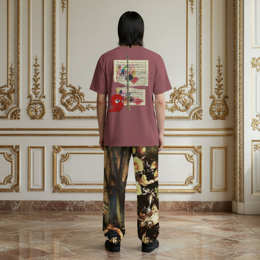 A person standing with their back to the camera in an ornate, elegant room with gold-trimmed cream walls and marble floors, wearing a dusty rose short-sleeve t-shirt with a graphic print on the back and wide-leg patterned pants.