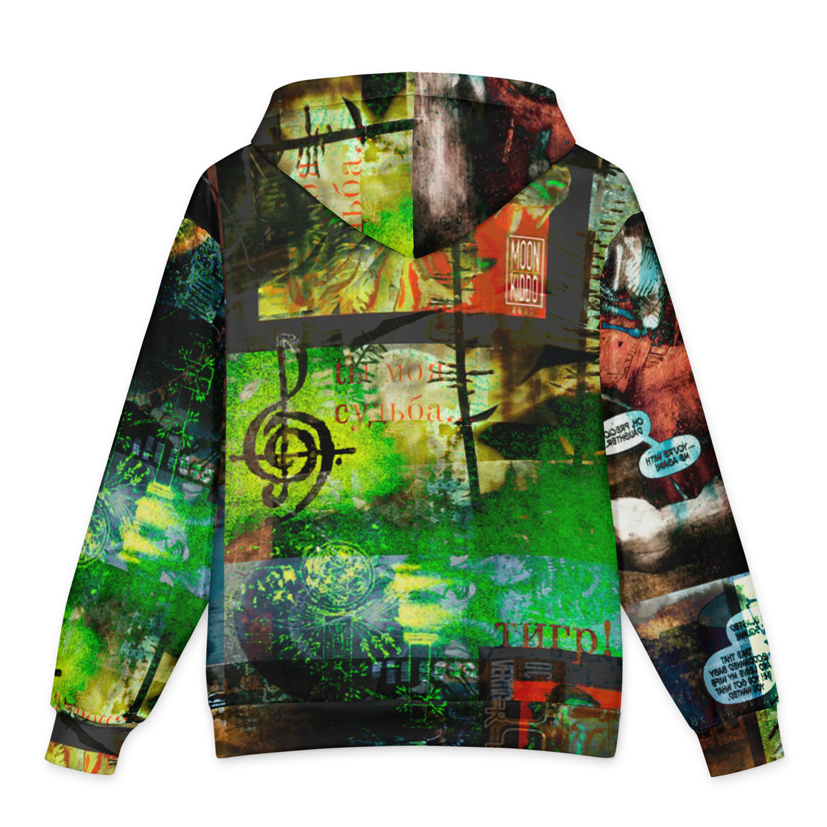 A long-sleeve hoodie shown from the back, featuring an all-over abstract collage print with green, black, orange, red, and white elements, including musical notation symbols and text fragments, on a plain white background.