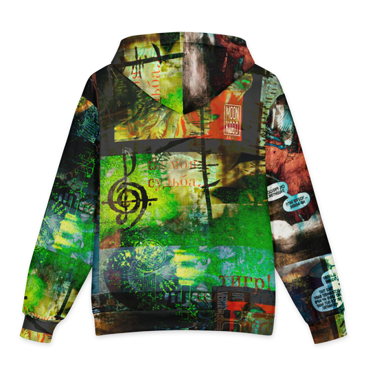 A long-sleeve hoodie shown from the back, featuring an all-over abstract collage print with green, black, orange, red, and white elements, including musical notation symbols and text fragments, on a plain white background.