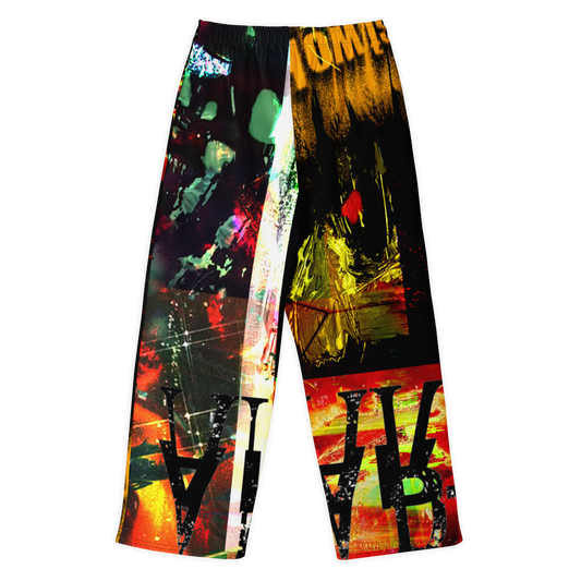 A pair of wide-leg athletic pants featuring a vibrant, multicolor graffiti-style print with abstract paint splatters, bold text, and graphic elements on a white background.