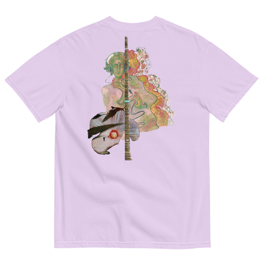 Lavender t-shirt with a colorful graphic design on the back
