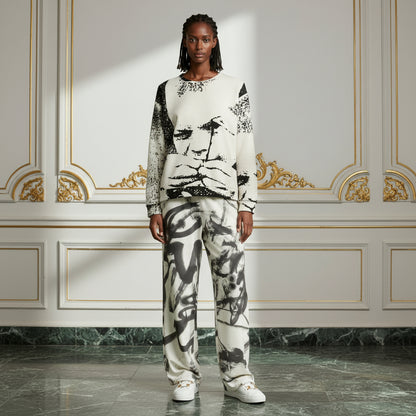 A model stands in a grand interior room wearing a matching two-piece lounge set featuring a black and white abstract brushstroke print on a cream base, paired with white sneakers.
