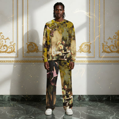 A model stands in a luxurious room with gold-trimmed white walls and a marble floor, wearing a matching two-piece set featuring a vintage-style painterly print in olive green, gold, and brown tones.