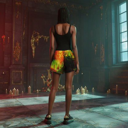 A person stands with their back to the camera in a dark, candle-lit stone room, wearing a black tank top and colorful tie-dye shorts with black sneakers.