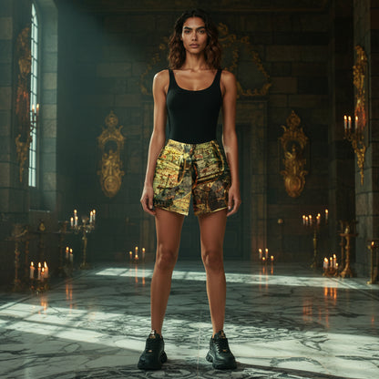 A woman stands in a grand, candle-lit stone hall wearing a black sleeveless top and patterned shorts with black shoes.