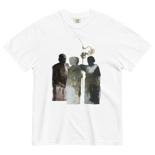 A white short-sleeve crewneck t-shirt featuring a central graphic print of three stylized, textured human silhouettes in earthy tones, with a small golden saxophone above them.