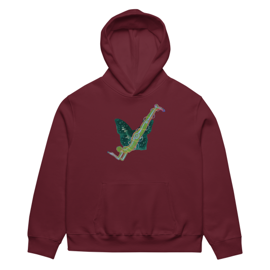 Maroon hoodie with a green and pink graphic on the back against a white background