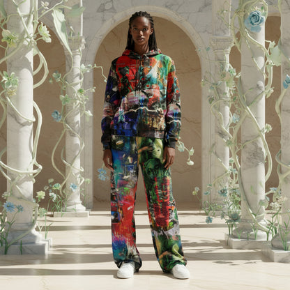 A model stands in a grand, sunlit architectural corridor with white marble arches and sculptural vines, wearing a matching two-piece tracksuit with a highly colorful, abstract graffiti-style print. The outfit features a zip-up hoodie and wide-leg pants in a vibrant mix of red, green, blue, yellow, and black.