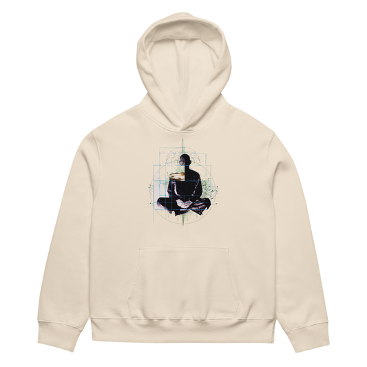 Beige hoodie with a graphic of a person in a meditative pose on a white background