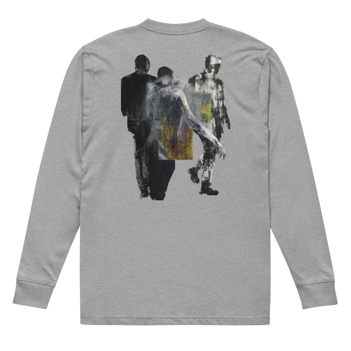 A heather gray long-sleeve t-shirt shown from the back, featuring a large graphic print of three zombie figures in a distressed, textured collage style.