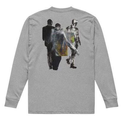 A heather gray long-sleeve t-shirt shown from the back, featuring a large graphic print of three zombie figures in a distressed, textured collage style.