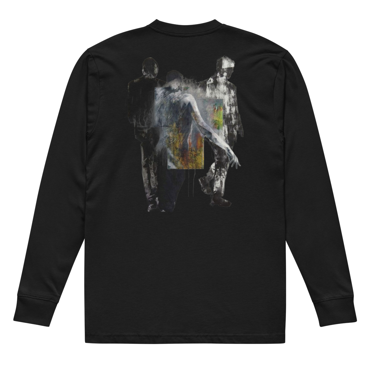 A black long-sleeve t-shirt shown from the back, featuring a large graphic print of three stylized, semi-transparent figures in white, gray, and black, with a small colorful square detail in the center.