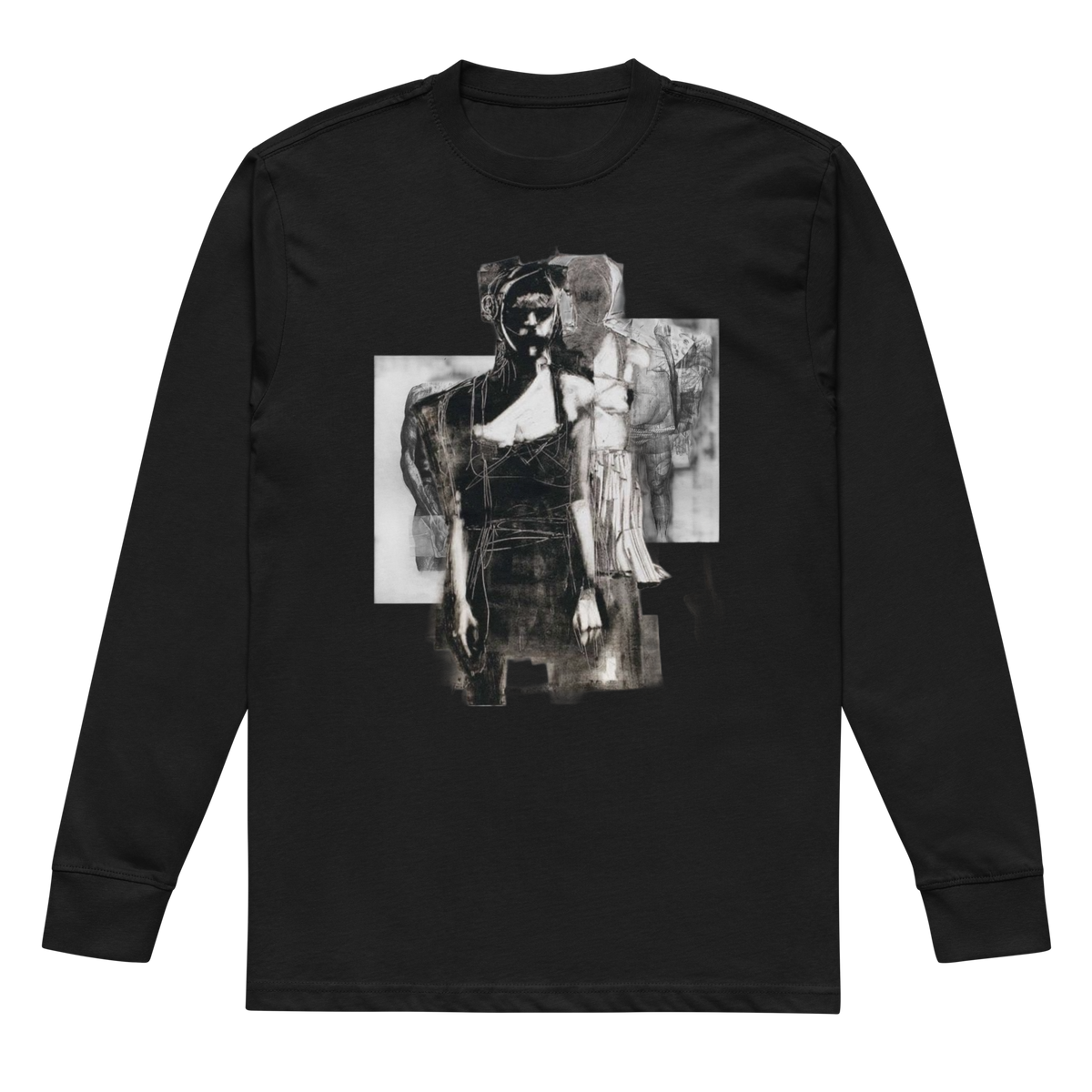 A black long-sleeve crewneck t-shirt featuring a large, square, black-and-white graphic print on the chest depicting a surreal figure.