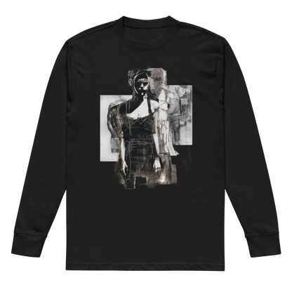 A black long-sleeve crewneck t-shirt featuring a large, square, black-and-white graphic print on the chest depicting a surreal figure.