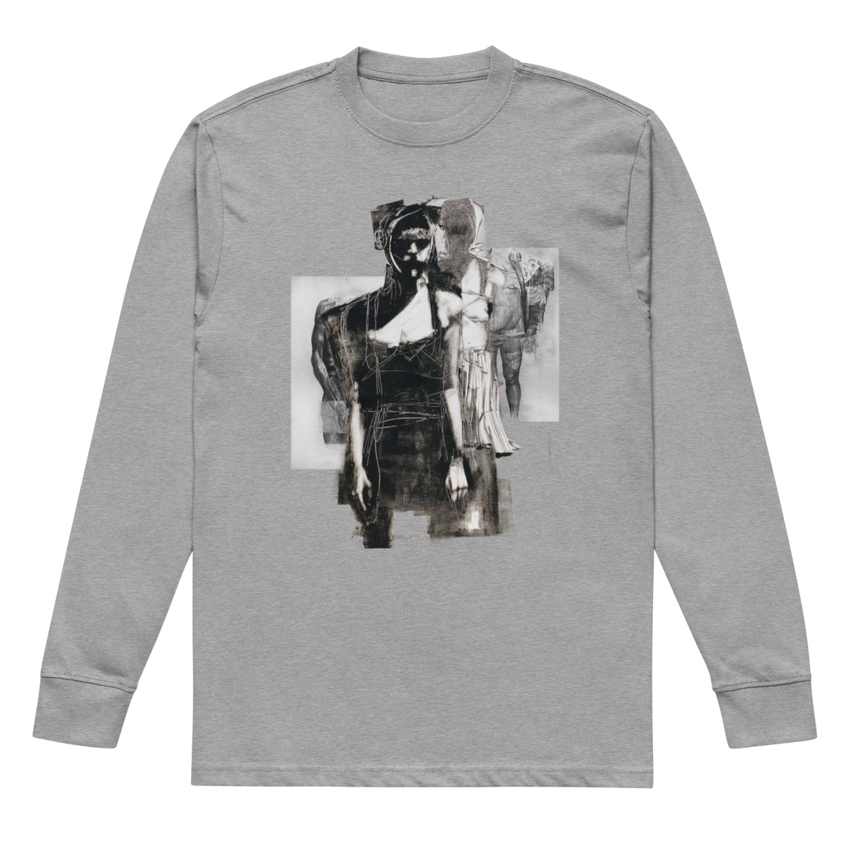 A heather gray long-sleeve crewneck t-shirt featuring a black and white graphic print of a stylized figure on the front, displayed against a solid white background.