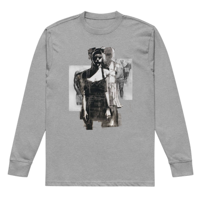 A heather gray long-sleeve crewneck t-shirt featuring a black and white graphic print of a stylized figure on the front, displayed against a solid white background.
