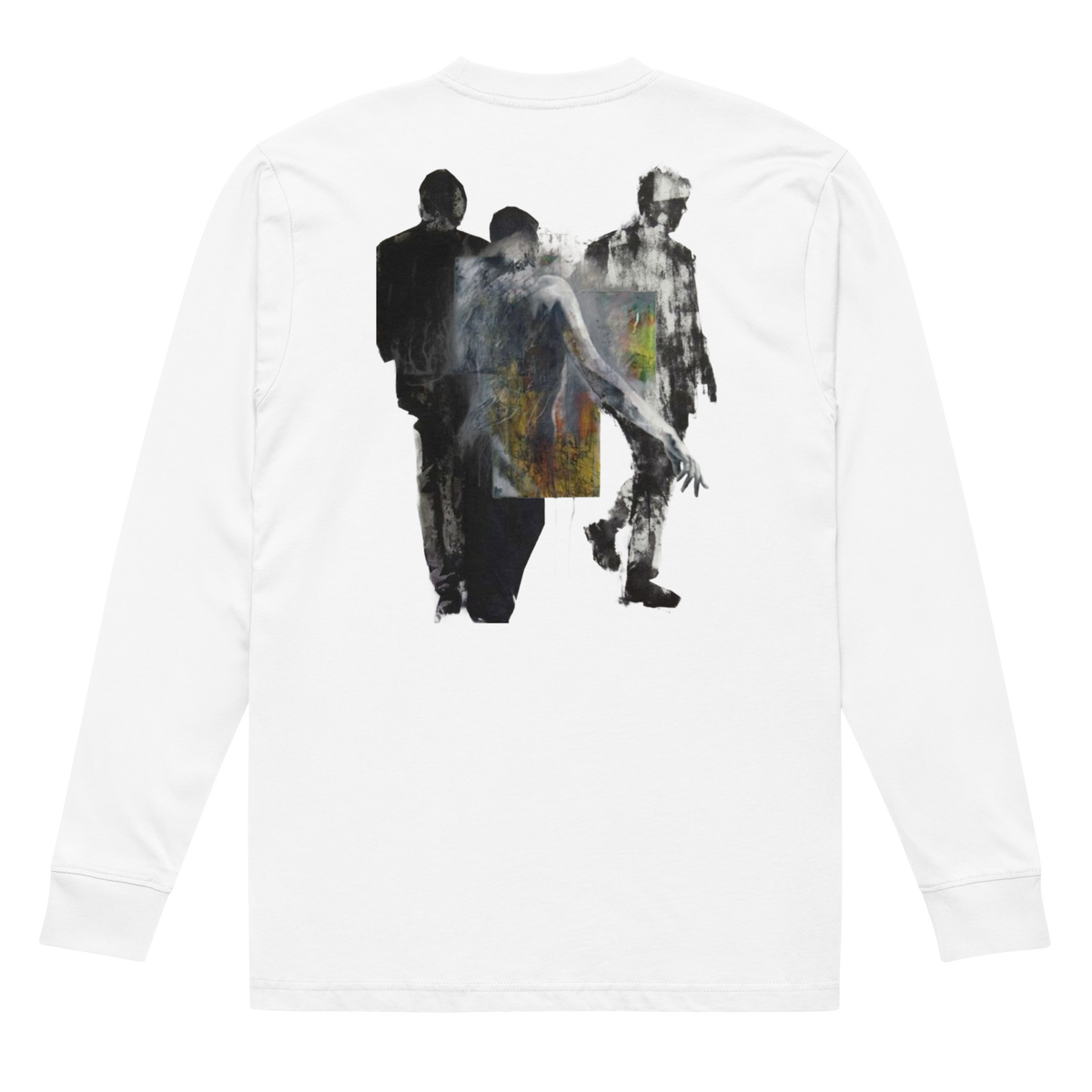A white long-sleeve t-shirt shown from the back, featuring a large graphic print of three walking figures in a textured, painterly style with black, gray, and yellow accents.