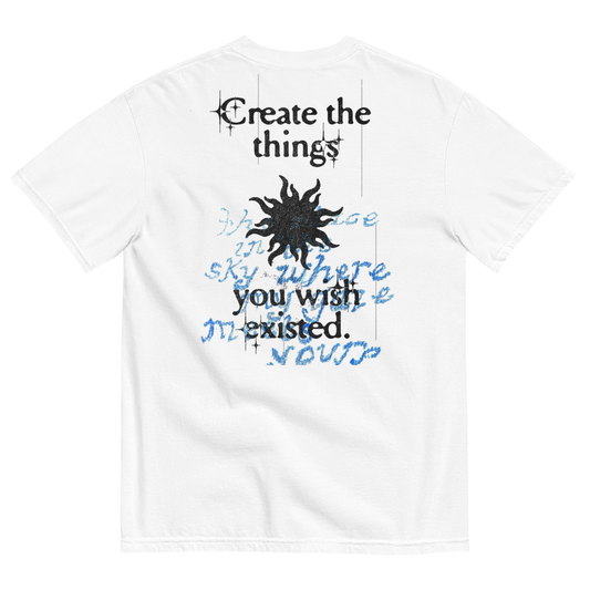White t-shirt with black and blue text and graphics on a white background