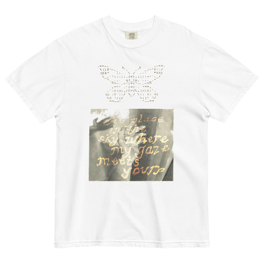 White t-shirt with butterfly design and text on a white background
