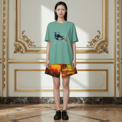 A model stands in a grand, ornate room wearing a sage green t-shirt with a blue peacock graphic and matching multicolor abstract print shorts.