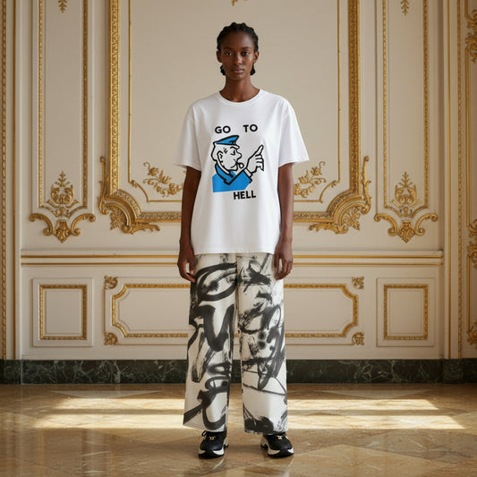 A model stands in a grand, ornate room with gold-trimmed cream walls, wearing a white graphic t-shirt with a blue and black cartoon sailor design and the text 'GO TO HELL', paired with wide-leg white pants featuring a black and gray abstract brushstroke pattern.