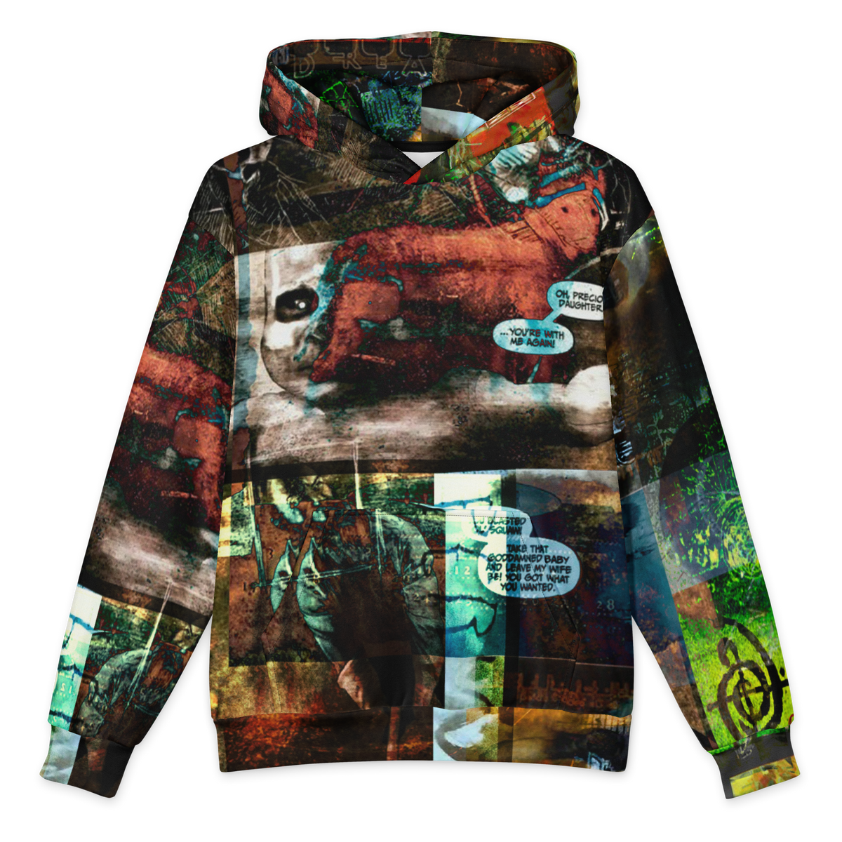 A long-sleeve hoodie featuring a complex collage print with a dog, a person, and various text bubbles over a grunge-style background, shown on a plain white background.