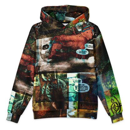 A long-sleeve hoodie featuring a complex collage print with a dog, a person, and various text bubbles over a grunge-style background, shown on a plain white background.