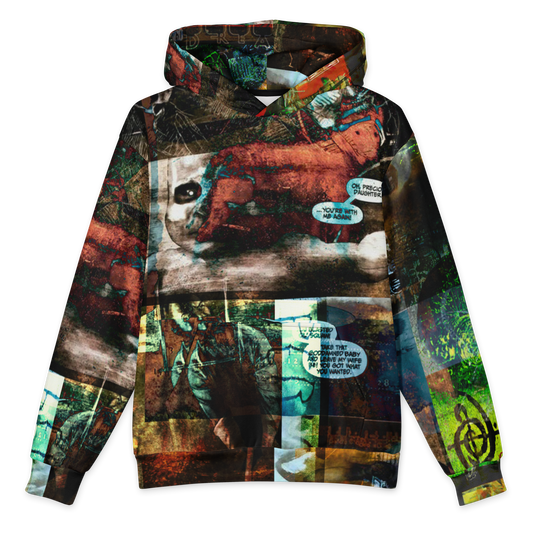 A long-sleeve hoodie featuring a complex collage print with a dog, a person, and various text bubbles over a grunge-style background, shown on a plain white background.