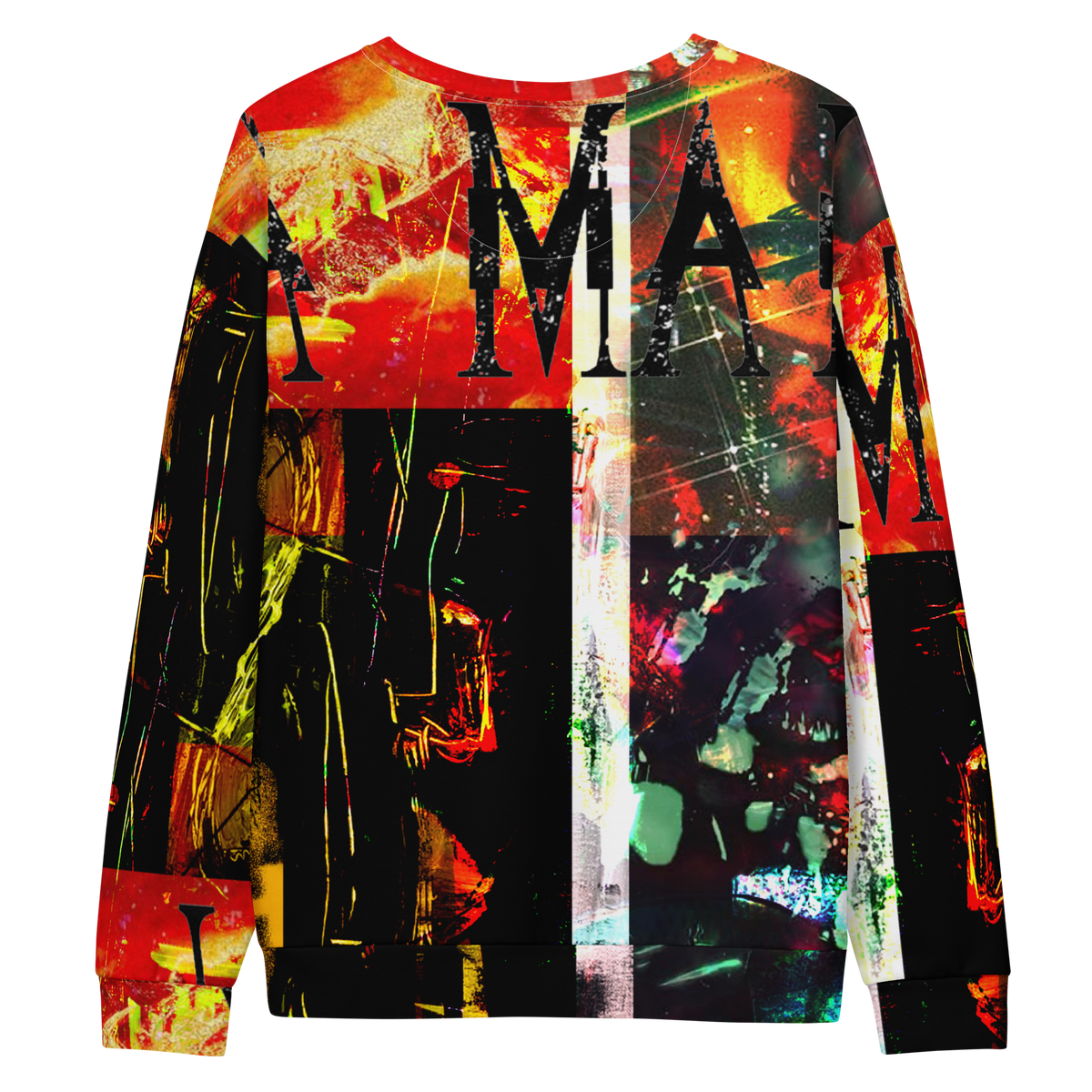 A crewneck sweatshirt featuring a highly detailed, multicolor abstract collage print with paint splatters, brushstrokes, and the word 'MAMA' spelled out in large black letters across the chest.