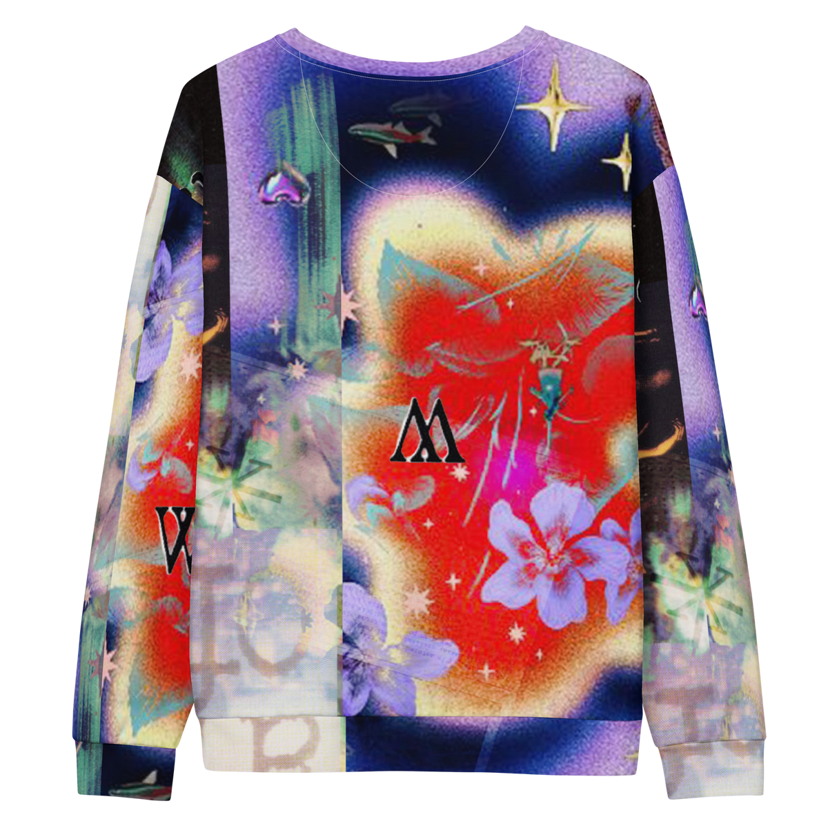 A long-sleeve crewneck sweatshirt featuring a highly detailed, colorful graphic print with a central red and yellow heart, purple flowers, green leaves, and a purple-to-blue gradient background, shown against a plain white background.
