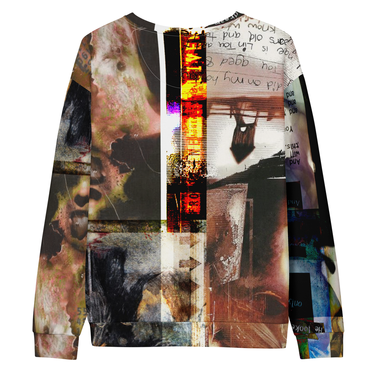 A long-sleeve crewneck sweatshirt featuring a complex, multi-panel abstract collage print with faces, handwritten text, and vertical glitch-like stripes in black, white, beige, brown, and orange.