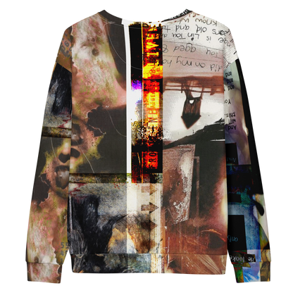 A long-sleeve crewneck sweatshirt featuring a complex, multi-panel abstract collage print with faces, handwritten text, and vertical glitch-like stripes in black, white, beige, brown, and orange.