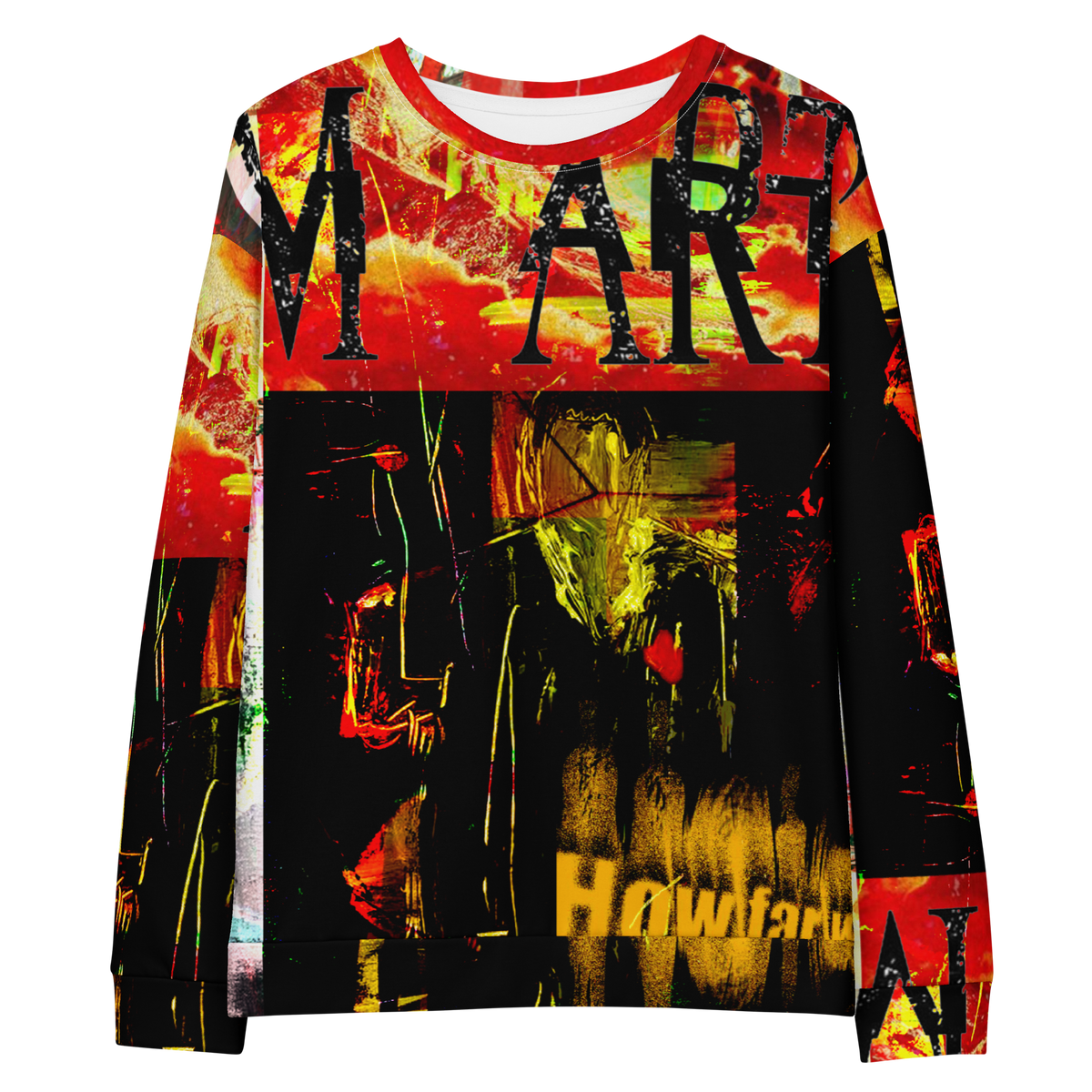 A long-sleeve crewneck sweatshirt featuring a complex, high-contrast graphic collage print. The design combines a fiery red and orange textured top section with the word 'MART' in distressed black letters, a central dark scene with a figure, and a yellow 'Hawktar.