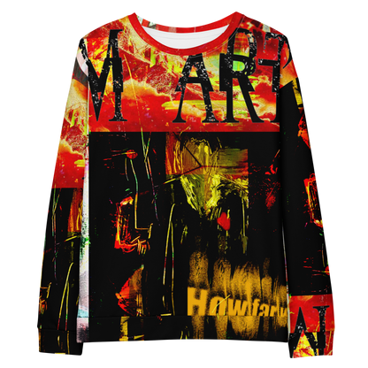 A long-sleeve crewneck sweatshirt featuring a complex, high-contrast graphic collage print. The design combines a fiery red and orange textured top section with the word 'MART' in distressed black letters, a central dark scene with a figure, and a yellow 'Hawktar.