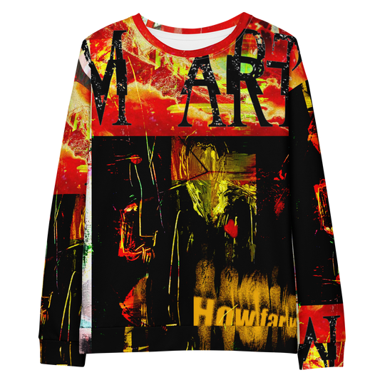 A long-sleeve crewneck sweatshirt featuring a complex, high-contrast graphic collage print. The design combines a fiery red and orange textured top section with the word 'MART' in distressed black letters, a central dark scene with a figure, and a yellow 'Hawktar.