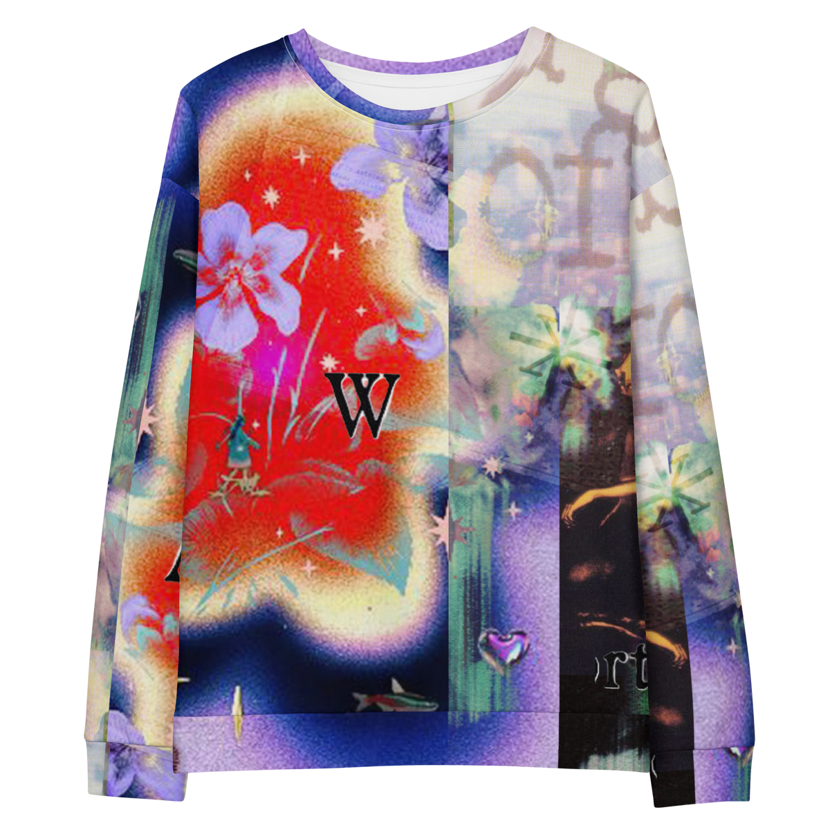 A long-sleeve crewneck sweatshirt featuring a highly detailed, colorful fantasy collage print. The design combines a bright red and yellow gradient background with purple flowers, green foliage, a black bear silhouette, and a purple 'W' monogram on the chest.