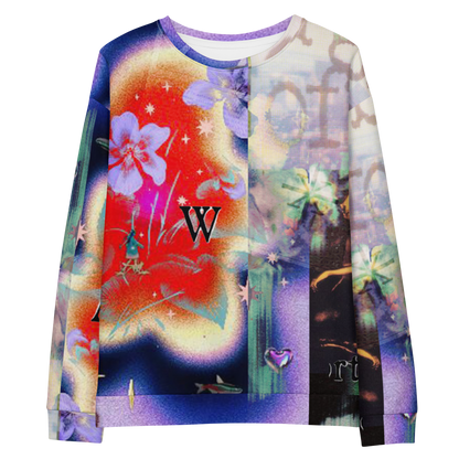 A long-sleeve crewneck sweatshirt featuring a highly detailed, colorful fantasy collage print. The design combines a bright red and yellow gradient background with purple flowers, green foliage, a black bear silhouette, and a purple 'W' monogram on the chest.