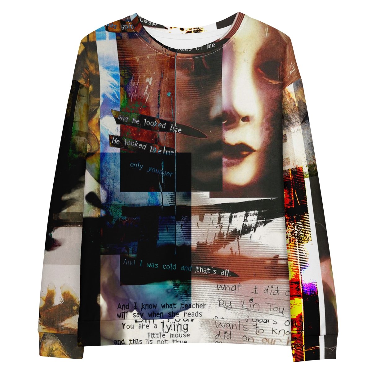 A long-sleeve crewneck sweatshirt featuring a complex, collage-style graphic print with a portrait of a woman's face, handwritten text, and abstract textures in a multicolor palette of beige, brown, black, blue, and red.